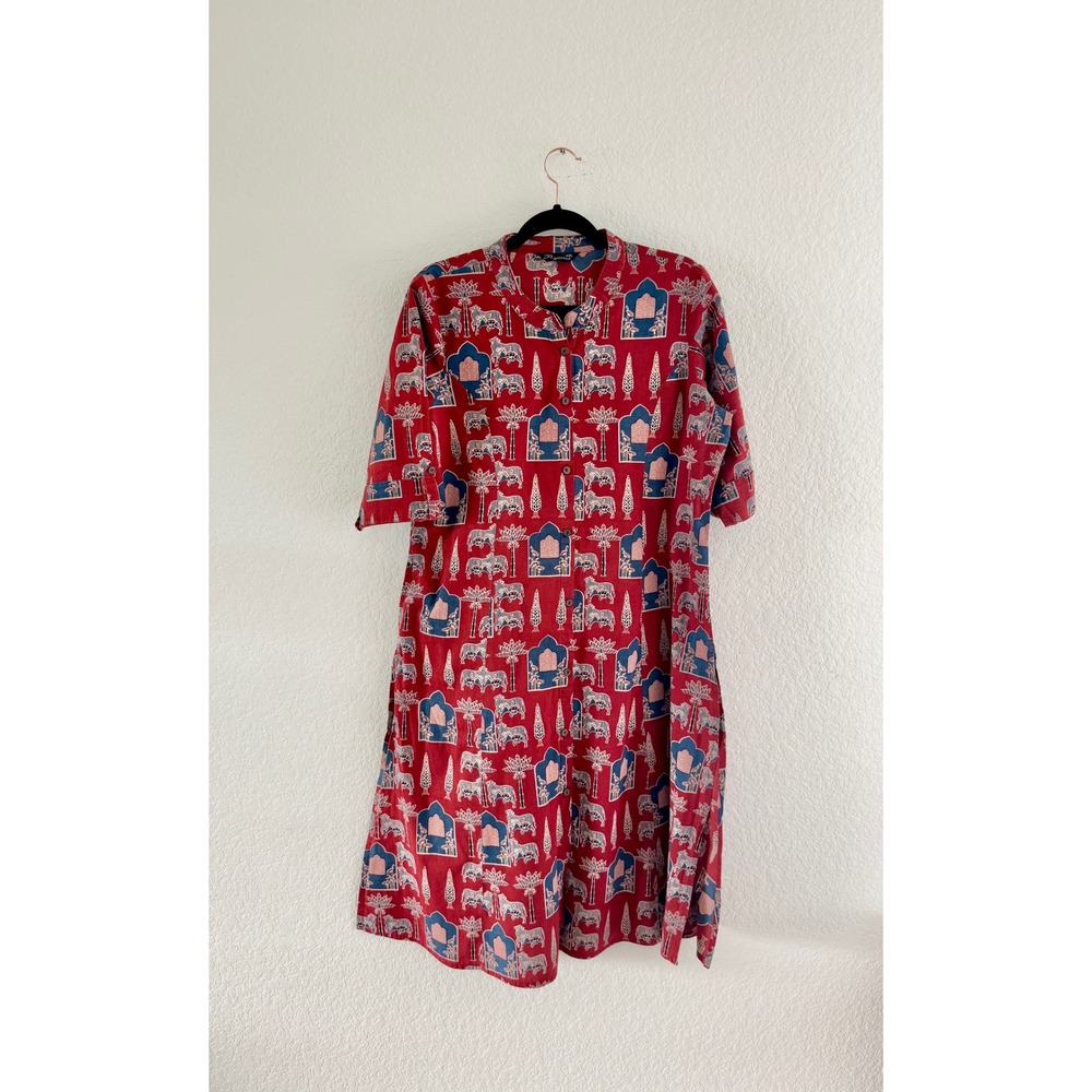 Rytras Kurta Dress Womens L Red Blue Elephant Block Print Vintage